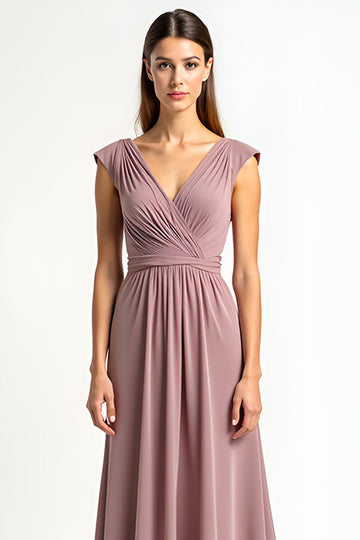 Dusty Rose A-Line Wrap V-Neck Pleated Chiffon Mother of the Bride Dress